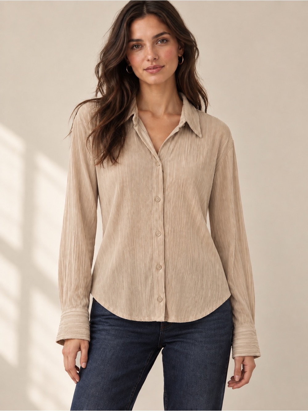 Abercrombie & Fitch Taupe Button-Down Collared Shirt plisse